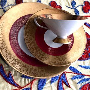 Elerthal Bavaria Currant Red & Gold Fine China Teacup w/ saucer + plate